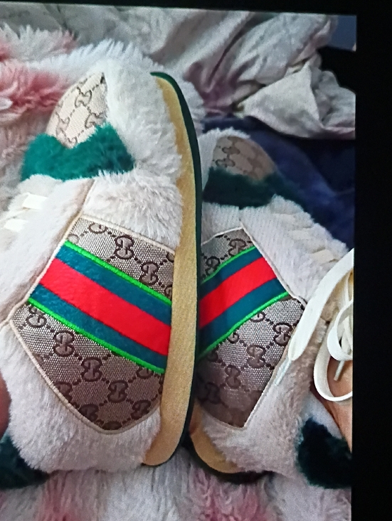Gucci Shoes - Gucci Beige Shearling Slippers with Red and Green Web Stripe
